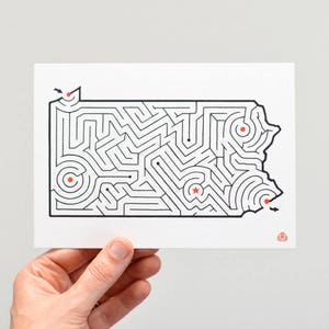 PENNSYLVANIA Maze 5x7" Postcard | Hand Designed by David Birkey | Erie / Pittsburgh / Harrisburg / Scranton / Philadelphia