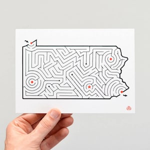 PENNSYLVANIA Maze 5x7 » Carte postale | Conçu à la main par David Birkey | Erie / Pittsburgh / Harrisburg / Scranton / Philadelphie