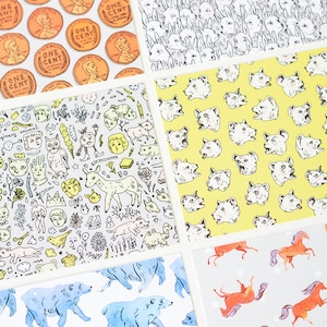 May include: Five different patterned cards with white borders. The top card features a repeating pattern of copper-colored US one-cent coins. The second card features a whimsical pattern of hand-drawn illustrations of animals, plants, and other objects. The third card features a repeating pattern of yellow bear faces. The fourth card features a repeating pattern of orange horses on a light gray background. The fifth card features a repeating pattern of blue bears on a white background.
