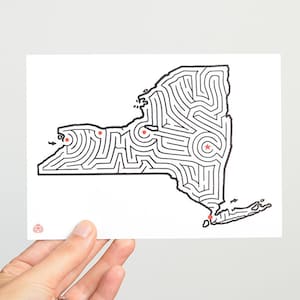 NEW YORK Maze 5x7" Postcard / Hand Designed by David Birkey / Albany / Buffalo / New York City / Rochester / Syracuse