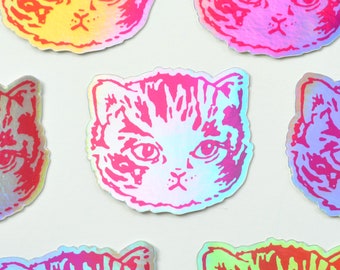HOLOGRAPHIC Cute Kitty Cat Stickers | Premium Die Cut Vinyl | 2.5 x 3 inches | Black or Pink
