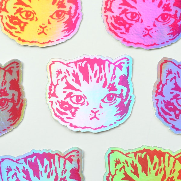 HOLOGRAPHISCHE süße Kitty Katzenaufkleber | Premium gestanztes Vinyl | 6,5 x 7,5 cm | Schwarz oder Pink