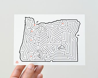 OREGON Map Maze 5x7" Postcard | Hand Designed by David Birkey | Portland / Mt. Hood / Salem / Eugene / Medford