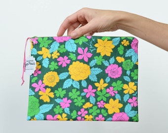 Bold Retro Blossoms Pouch in Vintage Fabric | Make-up/Cosmetic/Project Bag | Bright Pink/Yellow/Green Floral
