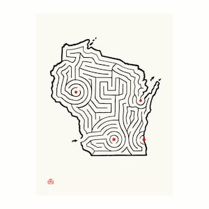 May include: A black and white maze in the shape of the state of Wisconsin. There are four red dots marking the start and end points of the maze.