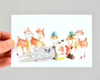 Santa Had A Rough Year 4x6" Weird Holiday Postcard | Santa Corpse with Reindeer and Spacemen