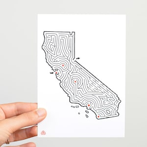 CALIFORNIA Maze 5x7" Postal / Diseñado a mano por David Birkey / San Francisco a Lake Tahoe