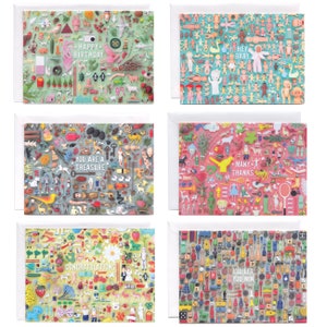 May include: Set of six greeting cards with colorful backgrounds and various toy images. The cards feature the following messages: Happy Birthday, Hey Baby, You Are A Treasure, Many Thanks, Congratulations, I'll Let You Win.