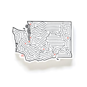 Washington Maze State Map Die Cut Vinyl Sticker | 3.25 x 2.25&quot; | Hand Designed | Olympia, Bellingham, Seattle, Tacoma, Kennewick, Spokane