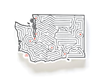 Washington Maze State Map Die Cut Vinyl Sticker | 3.25 x 2.25" | Hand Designed | Olympia, Bellingham, Seattle, Tacoma, Kennewick, Spokane