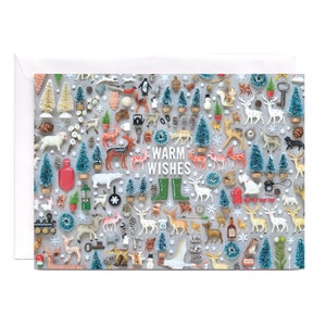 Tarjeta de felicitación de invierno con cálidos deseos / Colección Tiny Things / Tarjeta o postal con notas de nostalgia navideña con ciervos, copos de nieve