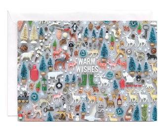 Warm Wishes Winter Greeting Card | Tiny Things Collection | Deer, Snowflakes, Holiday Nostalgia Note Card OR Postcard