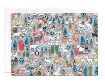 Warm Wishes Winter Greeting Card | Tiny Things Collection | Deer, Snowflakes, Holiday Nostalgia Note Card OR Postcard