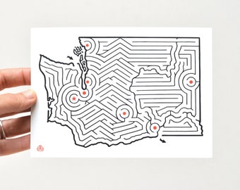 Washington State Map Maze 5x7" Postcard | Hand Designed by David Birkey | Olympia, Bellingham, Seattle, Tacoma, Yakima, Kennewick, Spokane