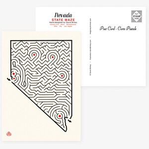NEVADA Maze 5x7 » Carte postale | Conçu à la main par David Birkey | Reno, Winnemucca, Elko, Ely, Las Vegas, Carson City