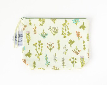 Light Green Plant Bits Boxy Zipper Pouch | Original Fabric Design | Make-up or Project Bag