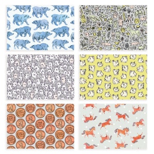 May include: Six different repeating patterns featuring various illustrations. The top left pattern features blue bears on a white background. The top right pattern features a variety of small illustrations in black and white on a gray background. The middle left pattern features white rabbits on a gray background. The middle right pattern features white dogs on a yellow background. The bottom left pattern features a repeating pattern of copper pennies on a gray background. The bottom right pattern features orange horses on a light blue background with white dots.