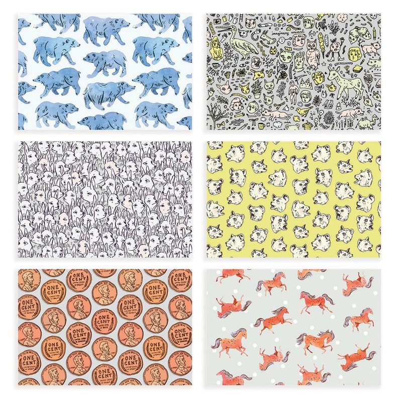 May include: Six different repeating patterns featuring various illustrations. The top left pattern features blue bears on a white background. The top right pattern features a variety of small illustrations in black and white on a gray background. The middle left pattern features white rabbits on a gray background. The middle right pattern features white dogs on a yellow background. The bottom left pattern features a repeating pattern of copper pennies on a gray background. The bottom right pattern features orange horses on a light blue background with white dots.