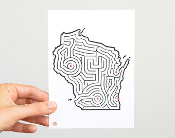 WISCONSIN Maze 5x7" Postcard | Hand Designed by David Birkey | Milwaukee/Madison/Green Bay/Eau Claire