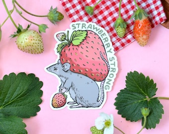 Strawberry Strong Cute Mouse Sticker | Premium Die Cut Vinyl | 3.5 x 2.8 inches