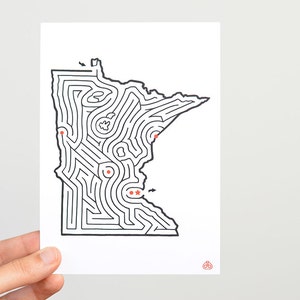 MINNESOTA Maze 5x7" Postcard / Hand Designed by David Birkey / Minneapolis / St. Paul / Duluth / St. Cloud