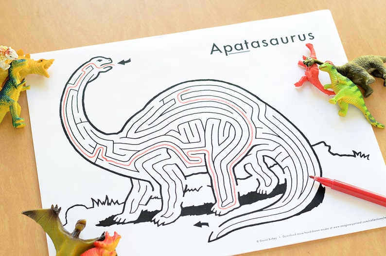 printable dinosaur maze apatasaurus hand drawn instant etsy