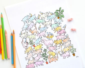 Pig Stack Coloring Page | Funny Animal Illustration to Color For Adults and Kids | Instant Download Printable PDF