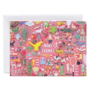 May include: A greeting card featuring a pink background densely packed with small plastic toys and figurines. The words "MANY THANKS" are printed in white. The card is presented with a white envelope.
