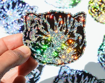 Glitter Kitty Cat Sticker | Premium Die Cut Vinyl | 2.5 x 3 inches | Black on Rainbow Sparkle