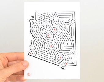 ARIZONA Maze 5x7" Postcard | Hand Designed by David Birkey | Flagstaff / Prescott / Phoenix / Yuma / Tucson / Sierra Vista