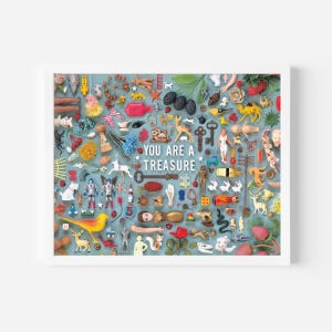 May include: A colorful collage of various objects, including toys, keys, flowers, and animals, with the text "YOU ARE A TREASURE" in the center.