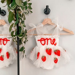 Hand embroidered strawberry dress / romper, first birthday party / cake smash / berry first birthday outfit