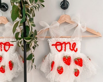 Hand embroidered strawberry dress / romper, first birthday party / cake smash / berry first birthday outfit