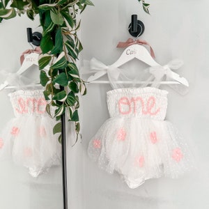 Hand embroidered birthday outfit with tulle skirt, first birthday romper, then personalised outfit.