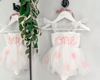 Hand embroidered birthday outfit with tulle skirt, first birthday romper, then personalised outfit.