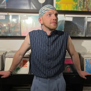 SALE! Indigo Grid Sleeveless Button Up Shirt | Band Collar, Festival Clothing, Menswear, Natural Fiber