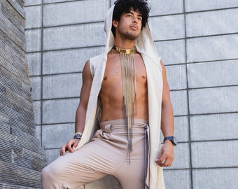 Long Hooded Linen Vest, Tan with Shimmer | Festival Clothing, Menswear, Unisex, Burning Man