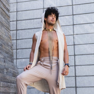 Long Hooded Linen Vest, Tan with Shimmer | Festival Clothing, Menswear, Unisex, Burning Man