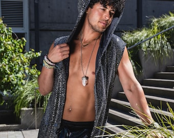 Long Hooded Vest, Metallic Silver and Black | Festival Clothing, Menswear, Unisex, Burning Man