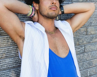 Long Hooded Vest, White Cotton with Gold Stripes | Natural Fibers, Festival Clothing, Menswear, Unisex, Burning Man