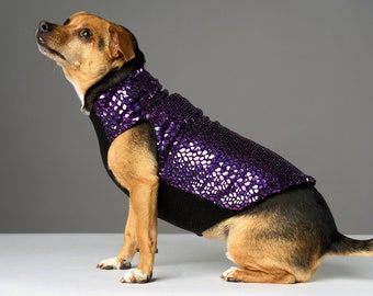 Purple Holographic “Night Fever” Disco Dog Sweater | Dog Coat, Dog Jacket, Dog Jumper, Dog Fleece, Dog Clothes, Rave, Festival