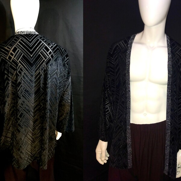 Black Burnout Velvet Kimono with Chevron Pattern, Silver Metallic Trim, Robe, Festival Clothing, Loungewear, Burning Man, Unisex