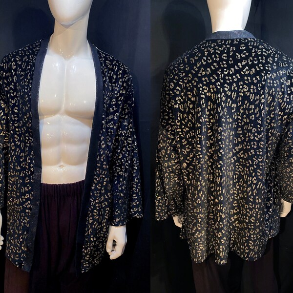 Gold Glitter Leopard on Black Velvet Kimono | Black Sparkle Brocade Trim, Robe, Festival Clothing, Loungewear, Burning Man, Unisex