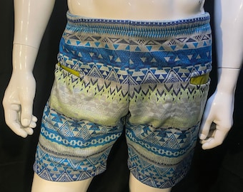 Blue and Green Geometric Stripe Shorts with Sparkle Pockets | Elastic Waistband, Drawstring, Festival, Rave, Burning Man