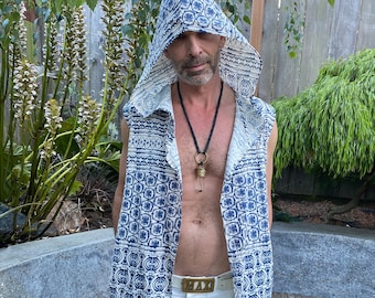 Long Hooded Vest, Indigo Block Print Cotton | Natural Fibers, Festival Clothing, Menswear, Unisex, Burning Man