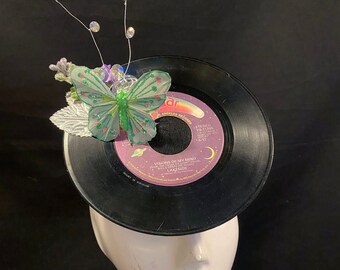 45 Vinyl Record Fascinator with Disco Balls, Silver Leaves and Flowers | One of a Kind, Festival, Birthday, DJ