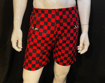 Red and Black Checkerboard Shorts with Black and White Checkerboard Pockets | Elastic Waistband, Drawstring, Festival, Rave, Burning Man