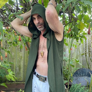 Long Hooded Linen Vest, Olive Green | Festival Clothing, Menswear, Unisex, Burning Man