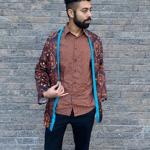 SALE! Peacock Kimono with Turquoise Linen Trim | Robe, Festival Clothing, Loungewear, Burning Man