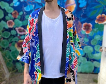Samurai Horse Print Kimono Jacket | Colorful Cotton Haori with Denim Trim, Pockets